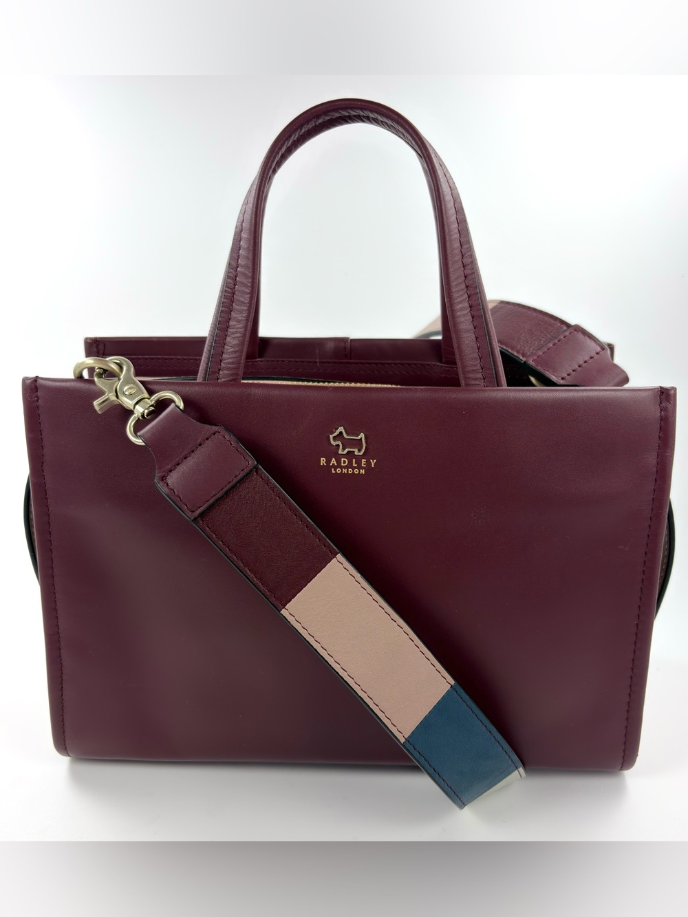Radley London Hope Place Stripe Strap Burgundy Leather Satchel EUC - Picture 3 of 16